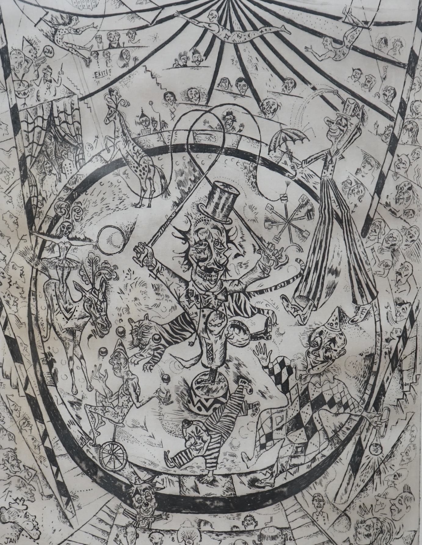 Jan Parker (b.1945), drypoint etching, 'The Little Circus', artists proof, limited edition 5/15, signed and dated '72 in pencil, 38 x 29cm. Condition - good